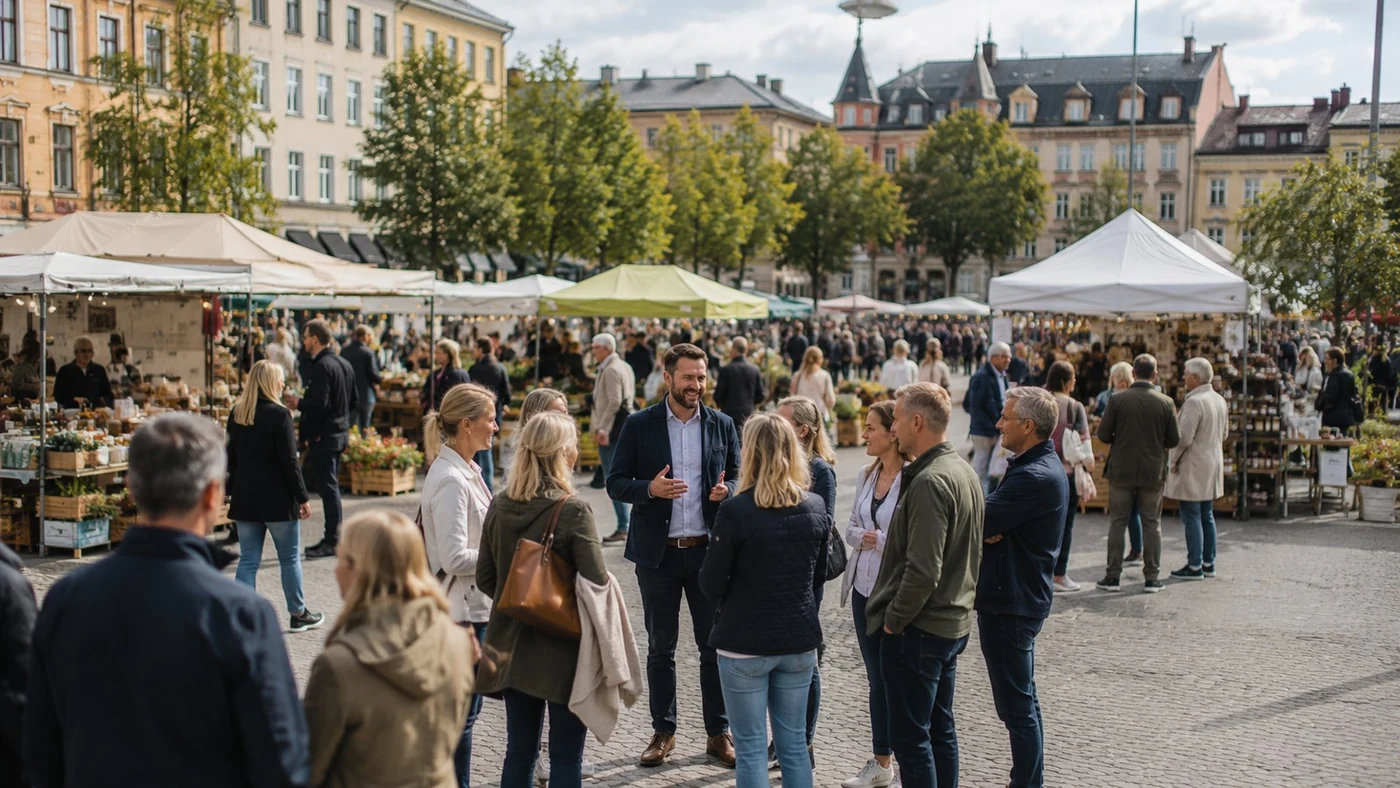 A parliamentary election candidate meeting voters at a Finnish market square, illustrating how Persona Avatar's official AI avatars extend candidate conversations beyond campaign events A parliamentary election candidate meeting voters at a Finnish market square, illustrating how Persona Avatar's official AI avatars extend candidate conversations beyond campaign events